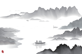 山水图新中式水墨装饰分层矢量图