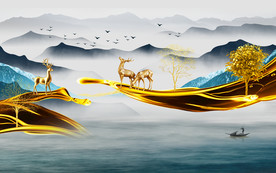 金鹿山水画背景画 TIF分层