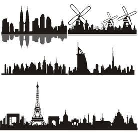 世界城市剪影双子塔风车帆船饭店