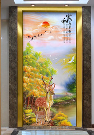 原创玄关油画梅花鹿装饰画