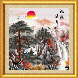 原创迎客松仙鹤松鹤延年装饰画