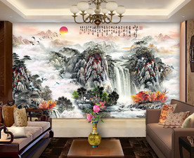 原创水墨山水流水生财装饰背景墙