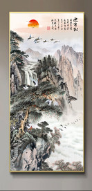 原创玄关水墨山水迎客松装饰画