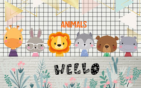 可爱卡通动物格子纹背景墙