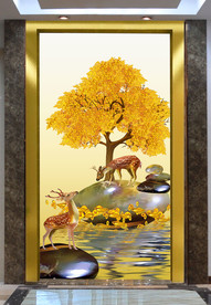 原创玄关梅花鹿发财树装饰画