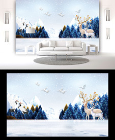 仙鹤麋鹿山水背景墙