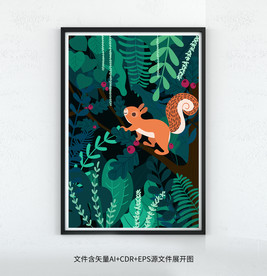 手绘森林松鼠插画装饰画