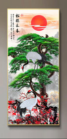 原创玄关迎客松仙鹤装饰画