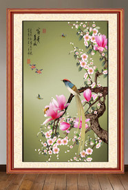 原创玄关玉兰梅花喜鹊装饰画