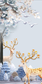 麋鹿发财树玄关背景墙