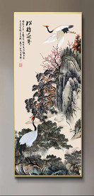 原创玄关迎客松仙鹤装饰画