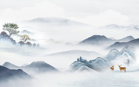 蓝色山水画风景 TIF分层