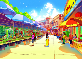 手绘 珠海美景湾仔海鲜市素材