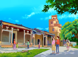 手绘珠海美景唐家古镇素材手描