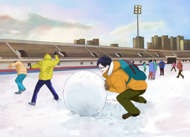 手绘雪天滚雪球素材美景