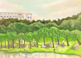 手绘湖北武汉凌澜湖实拍手画素材