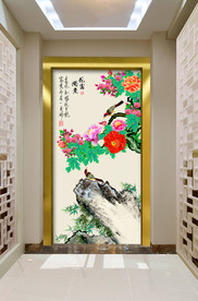 原创玄关牡丹喜鹊梅花装饰画