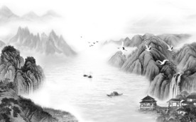 别墅山水画灰色画 TIF分层