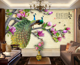 原创孔雀玉兰装饰画背景墙