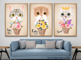 可爱猫咪大眼萌花篮无框画