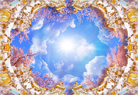 蓝天白云樱花树天顶壁画