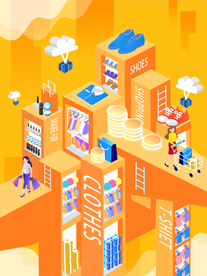 橙色购物立体商场插画