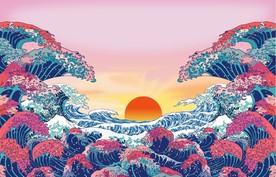 手绘海浪日出图案