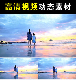 母女海滩看日出背影视频
