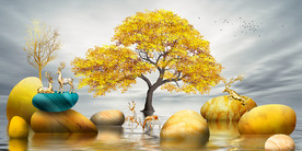 黄金树  水波倒影 意境