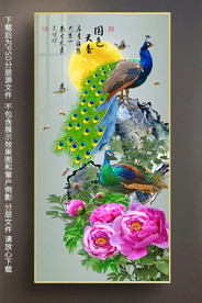 原创孔雀新中式玄关过道背景墙