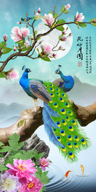 原创富贵花开孔雀玄关背景墙