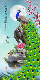 原创孔雀富贵花鸟玄关背景墙