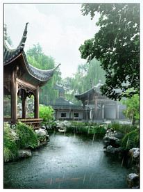 古典园林雨景效果图