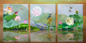 原创高清荷花翠鸟三连装饰画