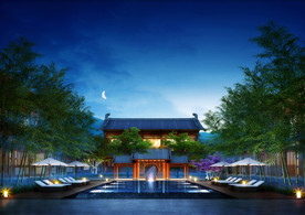 中式会所景观效果图夜景