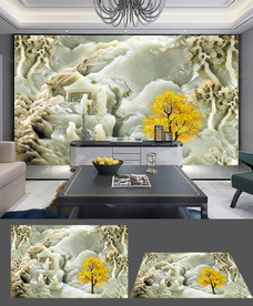 玉雕金色发财树金色背景墙