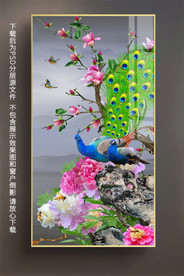 原创高清孔雀牡丹玉兰玄关装饰画