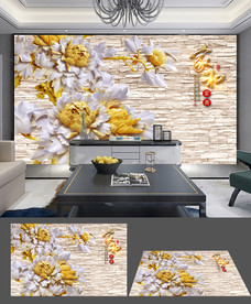 中式3D立体木雕荷花客厅背景墙