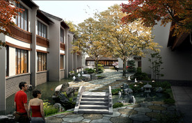 中式建筑内庭景观水池效果图