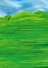 蓝天白云草原PSD手绘插画