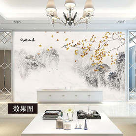 高山流水 水墨 银杏树