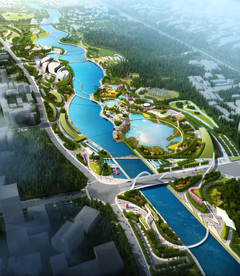 城市公园滨河景观 鸟瞰效果图