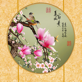 原创玉兰梅花花鸟圆型装饰画