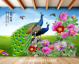 原创高清牡丹孔雀装饰画背景墙