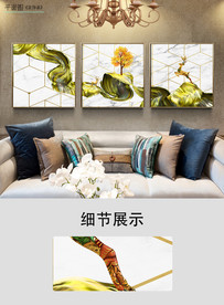 新中式麋鹿发财树丝绸三联装饰画