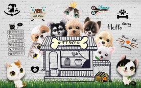 可爱狗狗猫咪宠物店背景墙