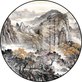新中式意境水墨山水圆形装饰画图