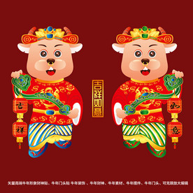 矢量国潮牛年金牛财神形象门头贴