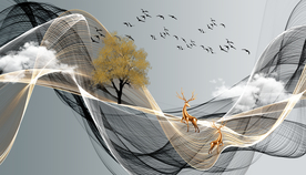 抽象线条山水麋鹿装饰画