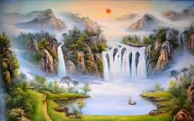 流水生财山水油画背景墙